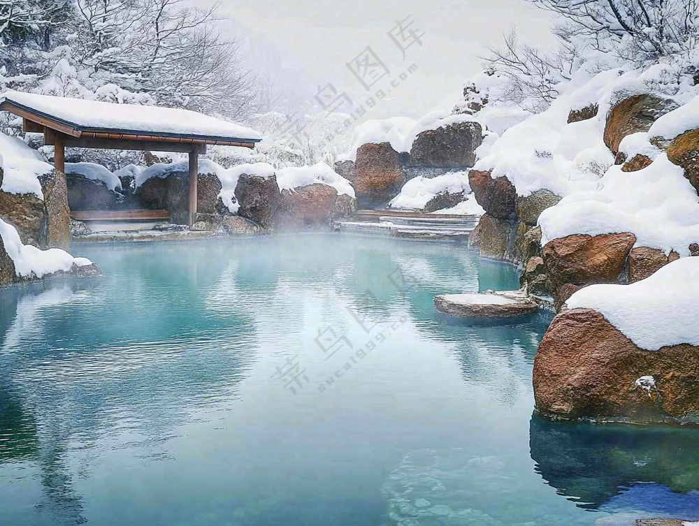 户外天然温泉汤浴秋冬摄影图