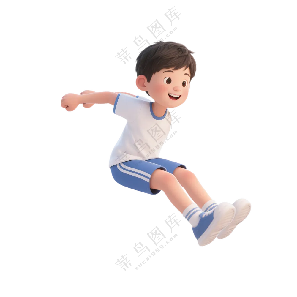 蓝+白色纯净3D风格跳远的男孩免抠PNG素材