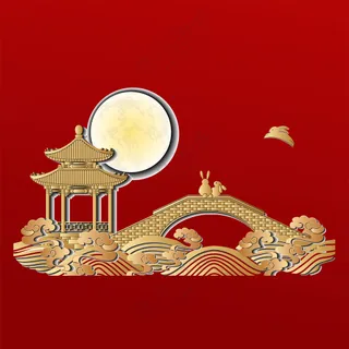 国潮烫金山水建筑