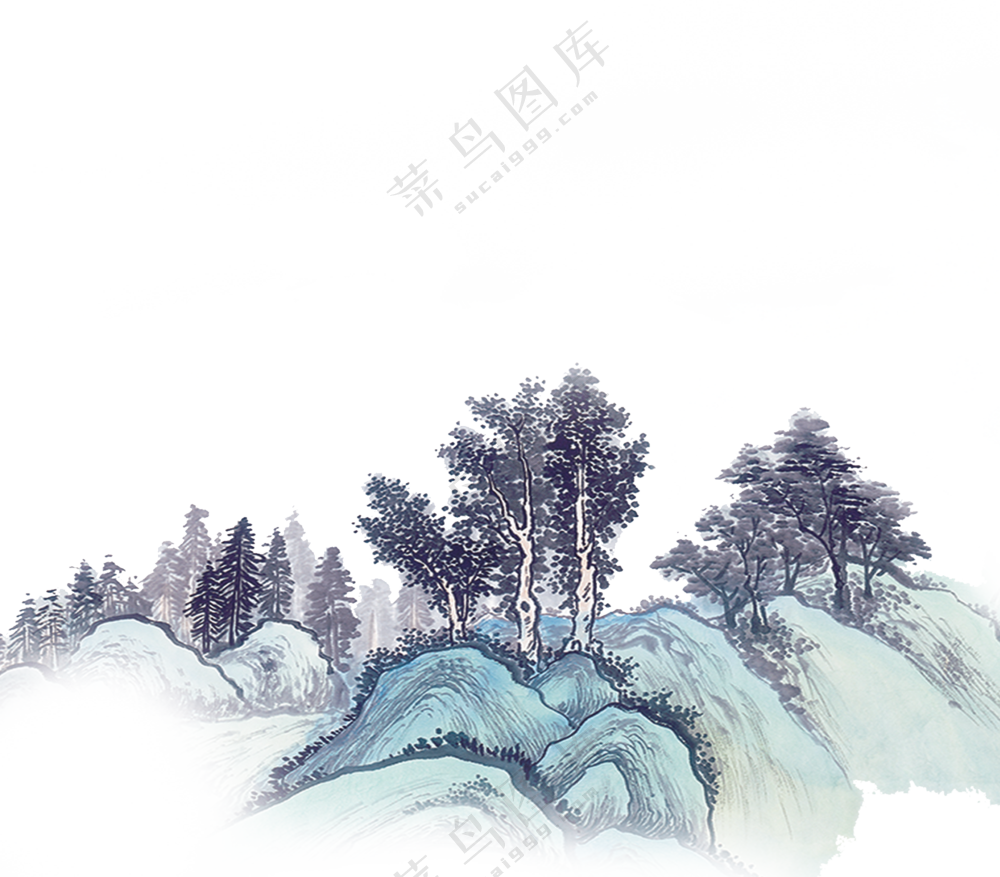 山中生长的树木风景水墨画免抠图片