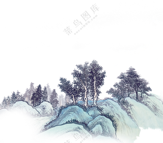 山中生长的树木风景水墨画免抠图片