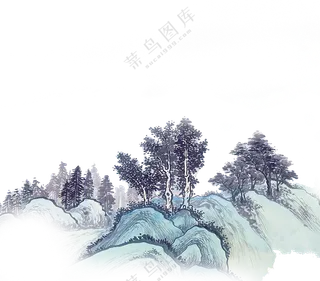 山中生长的树木风景水墨画免抠图片