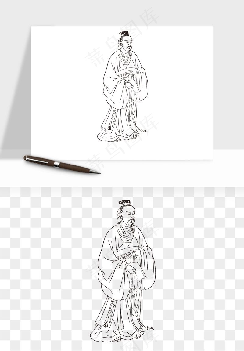 线描古代人物画像png免抠