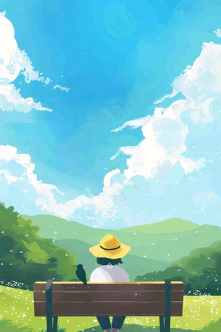 夏天大自然公园椅子上的人物处暑卡通插画背景