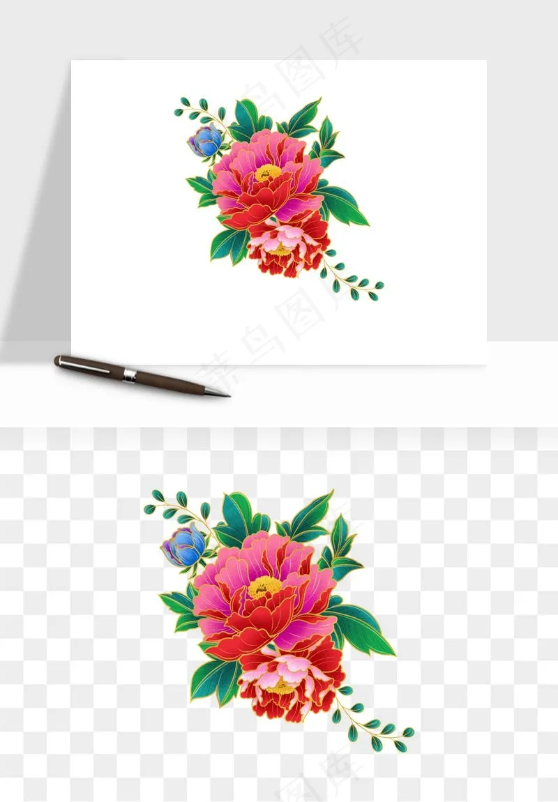 手绘国潮牡丹花花卉图案png免抠