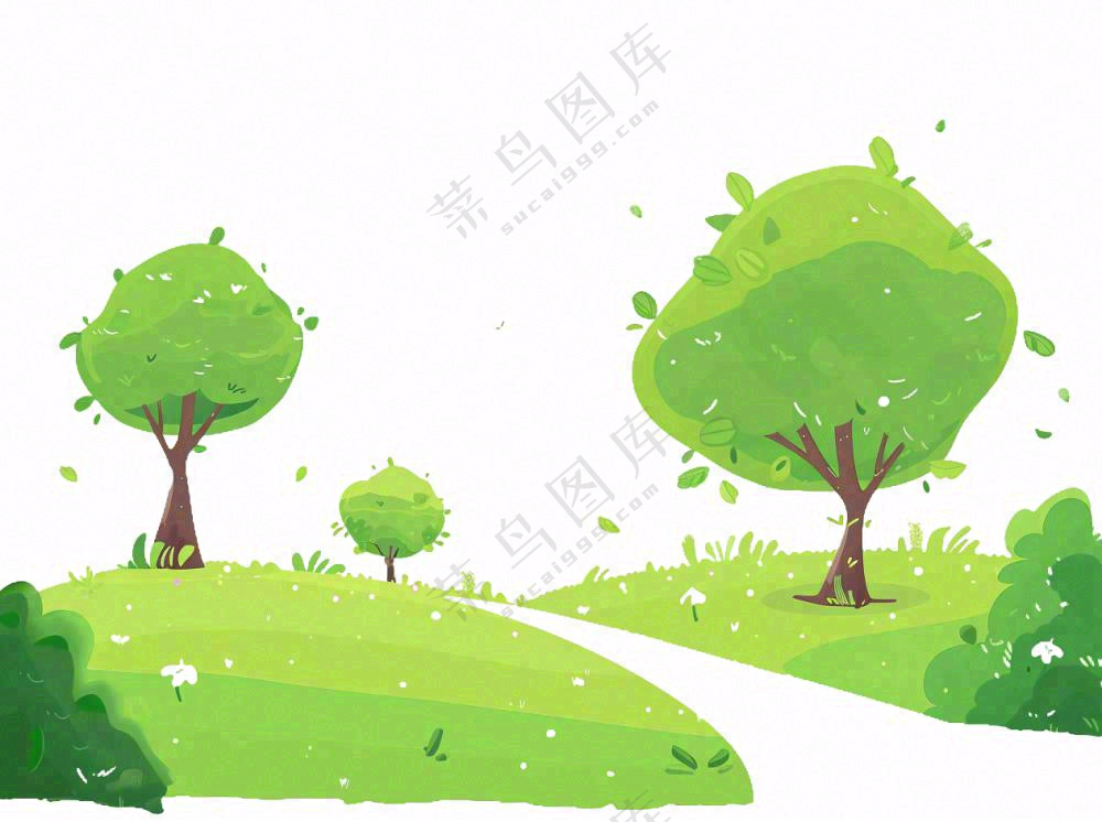 草原青草树木卡通插画免抠