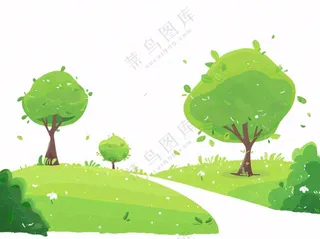 草原青草树木卡通插画免抠