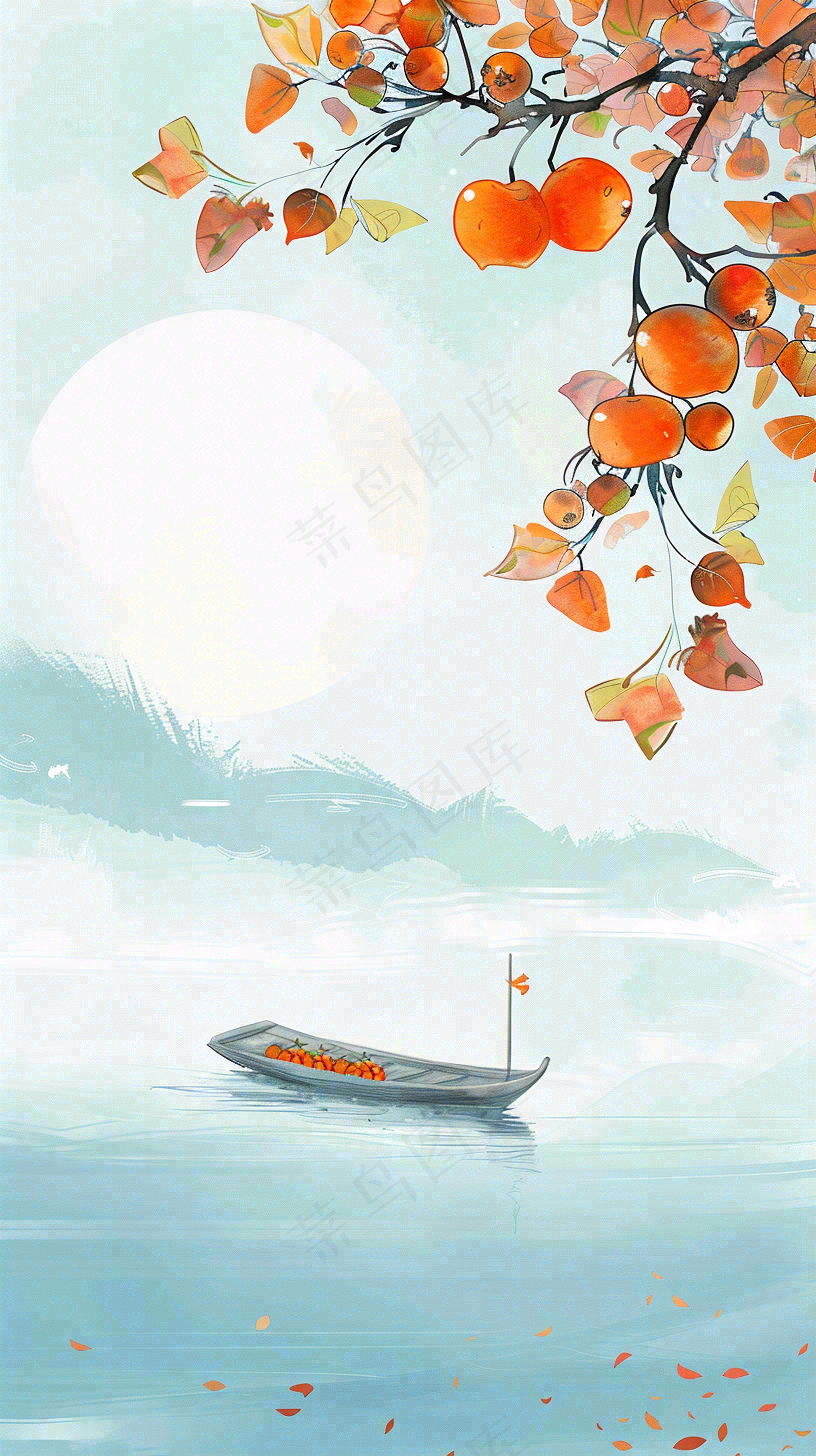 中国风山水画柿子树船只霜降插画背景