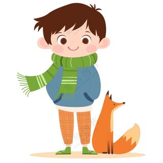 卡通风秋季和狐狸玩耍的可爱男孩儿童教育插画