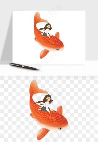锦鲤鱼手绘水墨png免抠