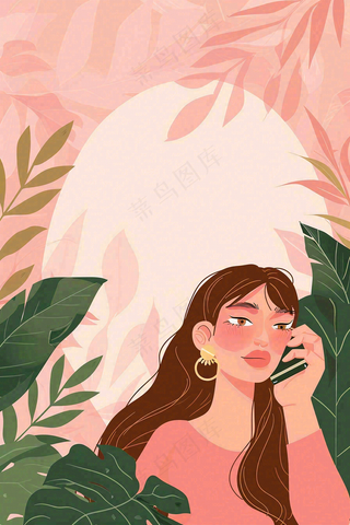 粉色ins时尚女生节绿植女神节妇女节小清新插画背景