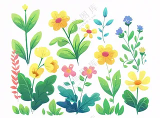 植物花朵花丛绿叶卡通插画免抠