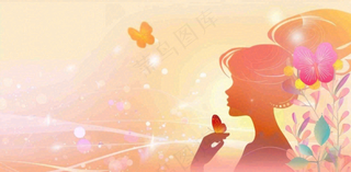 粉色女生美丽蝴蝶浪漫唯美妇女节插画背景