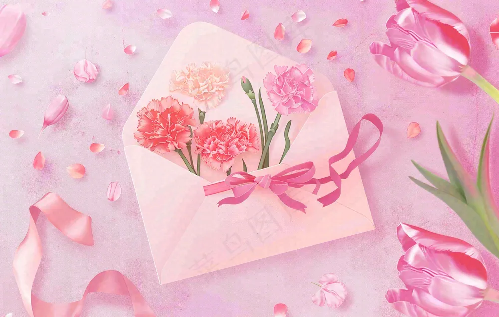 母亲节鲜花花束信封康乃馨粉色插画背景