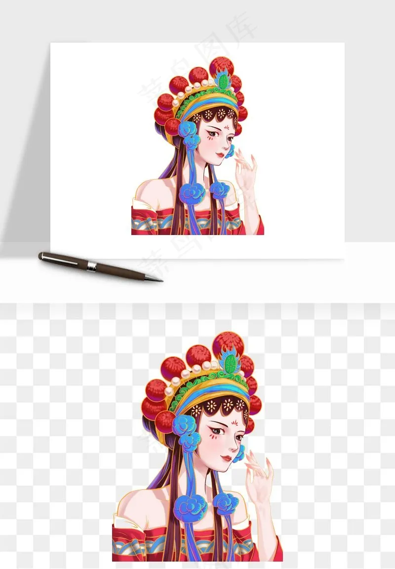 手绘国潮女性人物插画png免抠