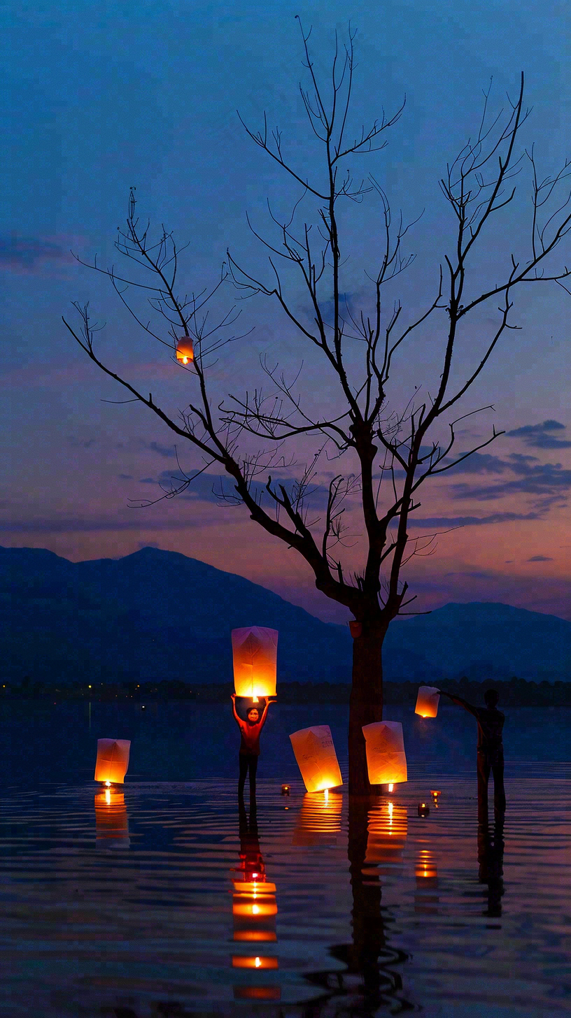 夜晚点灯孔明灯祈福中元节寒衣节插画背景