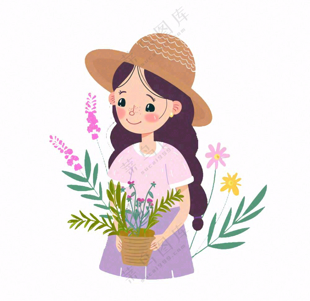 抱着花束的女孩人物卡通插画免抠