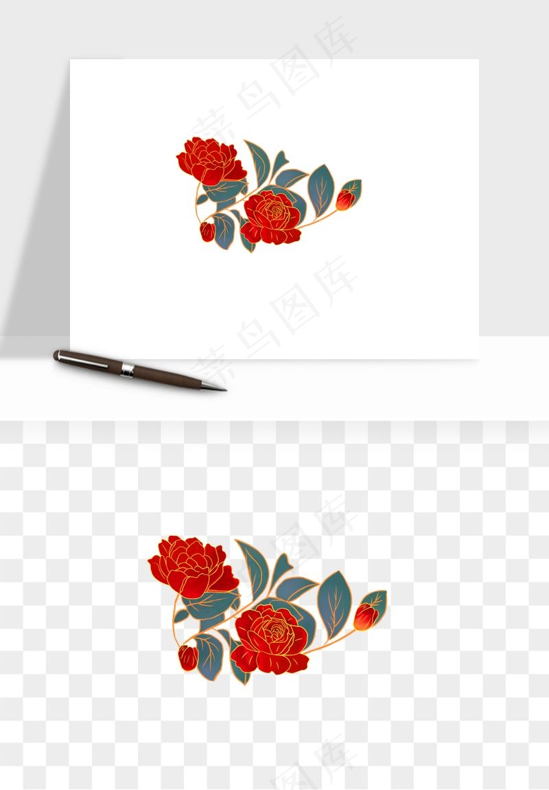 手绘国潮牡丹花花卉图案png免抠