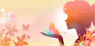 粉色女生美丽蝴蝶浪漫唯美妇女节插画背景