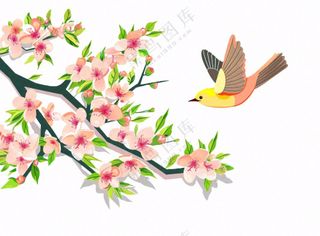 春天桃花树上小鸟喜鹊插画免抠