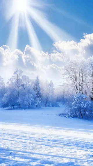 冬天东北森林白雪覆盖阳光小寒大寒大雪摄影图