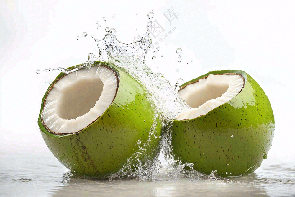 two green coconuts with a splash of water on them, an illustration of by Rodney Joseph Burn, shutterstock, renaissance, coconuts, f 2.5, f4.5