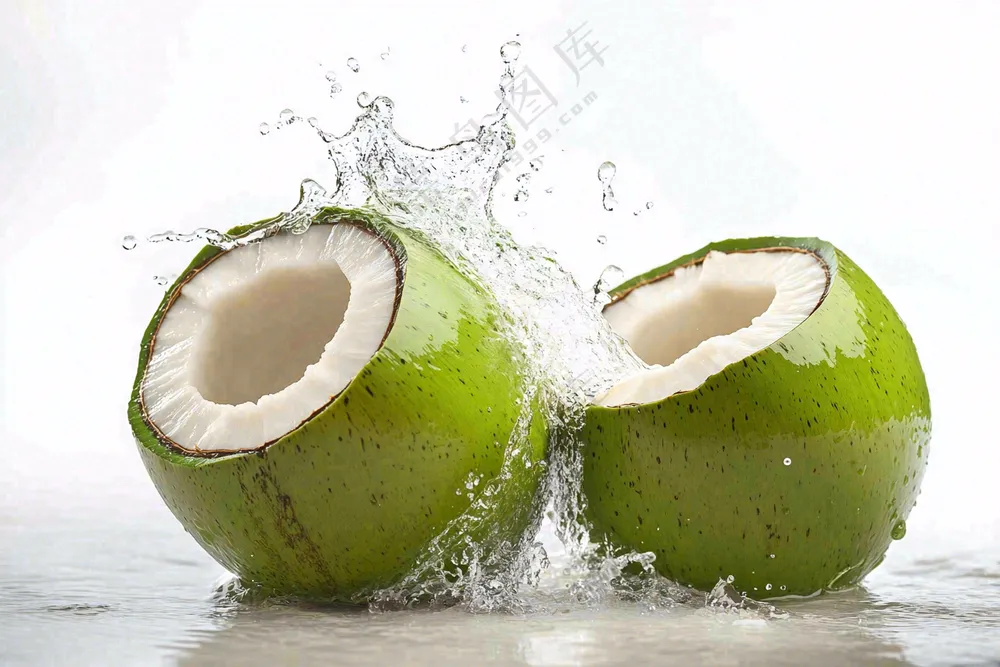 two green coconuts with a splash of water on them, an illustration of by Rodney Joseph Burn, shutterstock, renaissance, coconuts, f 2.5, f4.5 