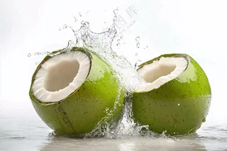 two green coconuts with a splash of water on them, an illustration of by Rodney Joseph Burn, shutterstock, renaissance, coconuts, f 2.5, f4.5
