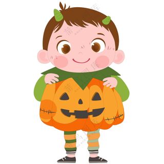 万圣节穿精灵服拿南瓜灯可爱男孩儿童节日装扮卡通插画