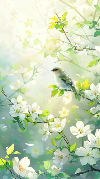 春天繁华盛开树枝小鸟春意小清新唯美立春惊蛰插画背景