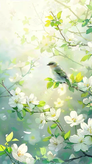 春天繁华盛开树枝小鸟春意小清新唯美立春惊蛰插画背景