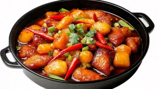 土豆炒鸡肉香辣美食摄影图免抠