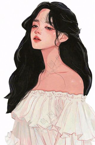 白色衣服的长头发少女美丽人物卡通插画免抠