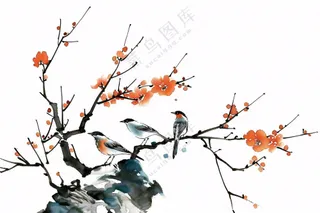 水墨画崖壁上的梅花小鸟古典风山水插画免抠
