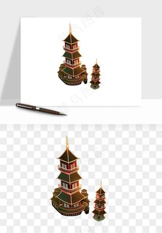 国潮高塔古塔楼建筑png免抠