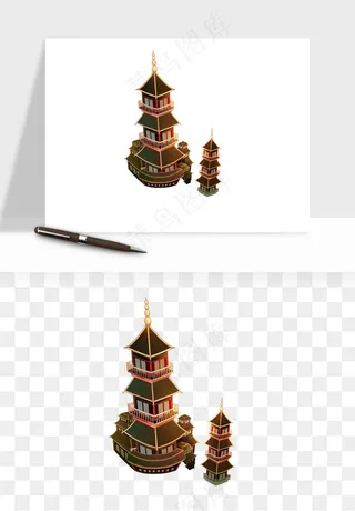 国潮高塔古塔楼建筑png免抠