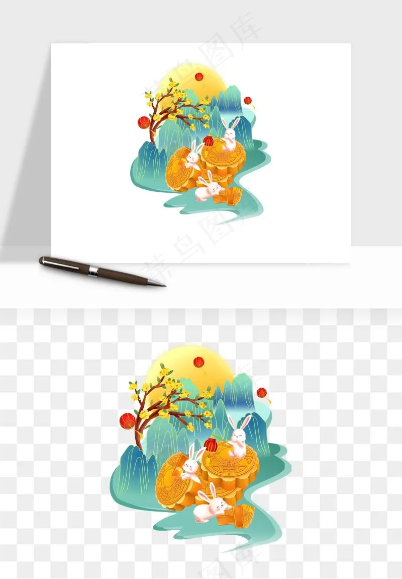 中秋月饼玉兔国潮插画png免抠