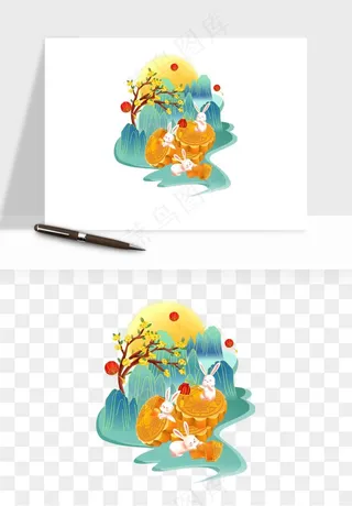 中秋月饼玉兔国潮插画png免抠
