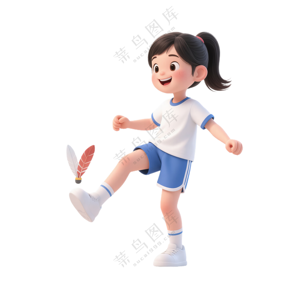 蓝+白色纯净3D风格踢毽子的女孩免抠PNG素材