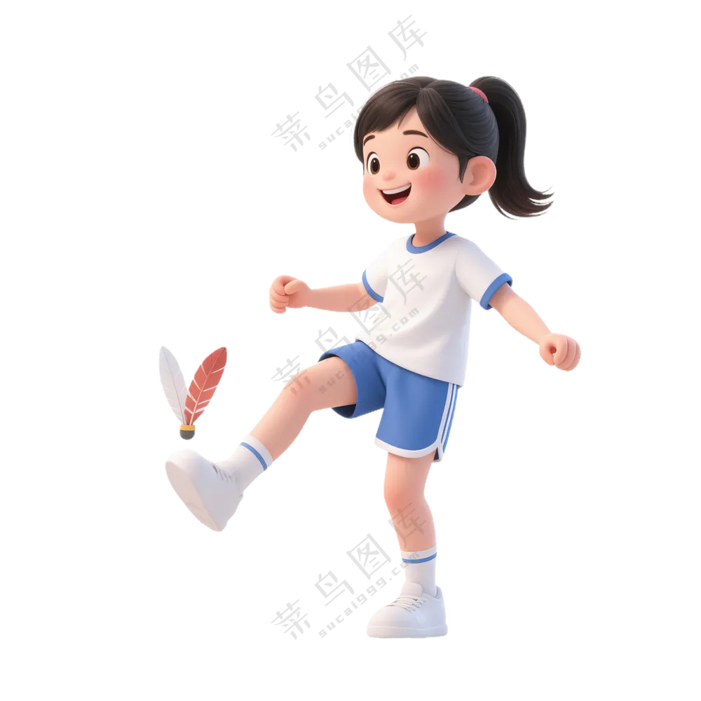 蓝+白色纯净3D风格踢毽子的女孩免抠PNG素材