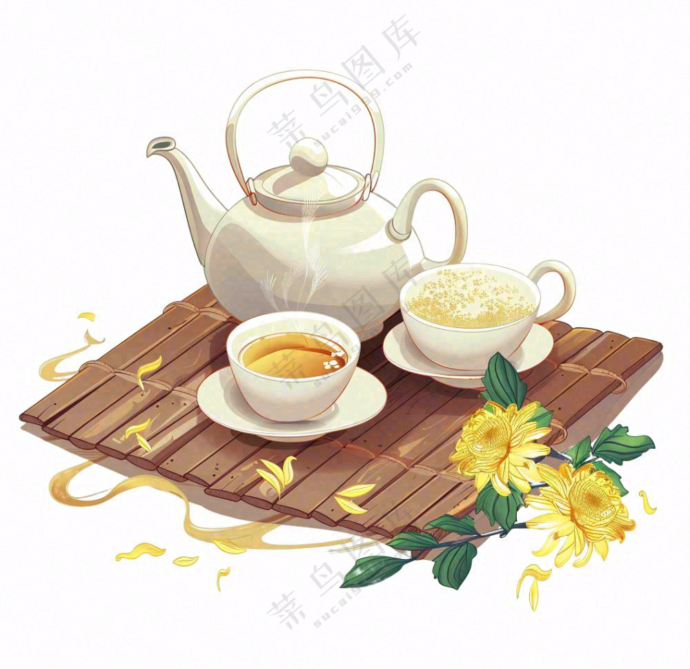 菊花茶茶壶喝茶插画免抠