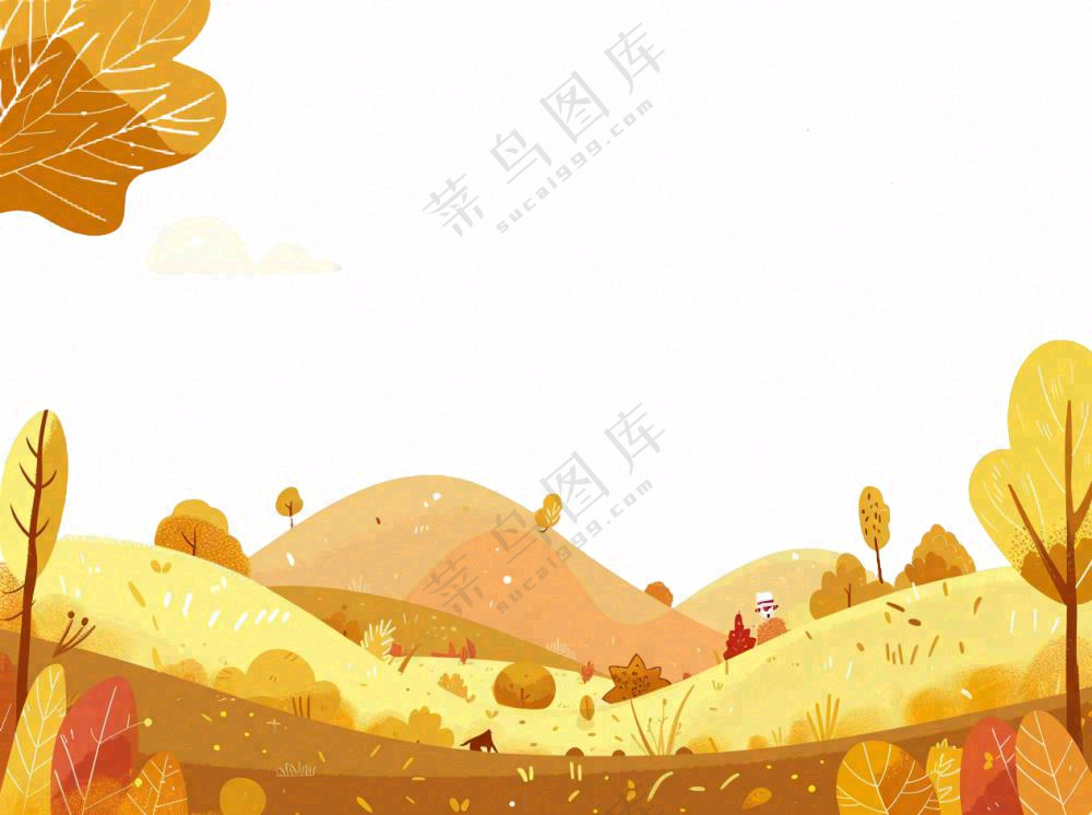秋天山林草原黄色树叶卡通插画免抠
