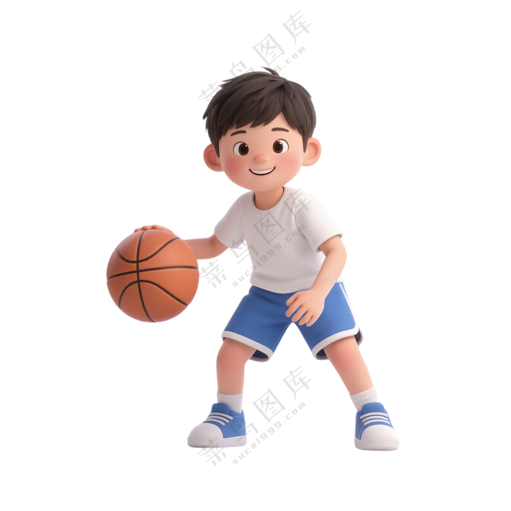 蓝+白色纯净3D风格打篮球的男孩免抠PNG素材