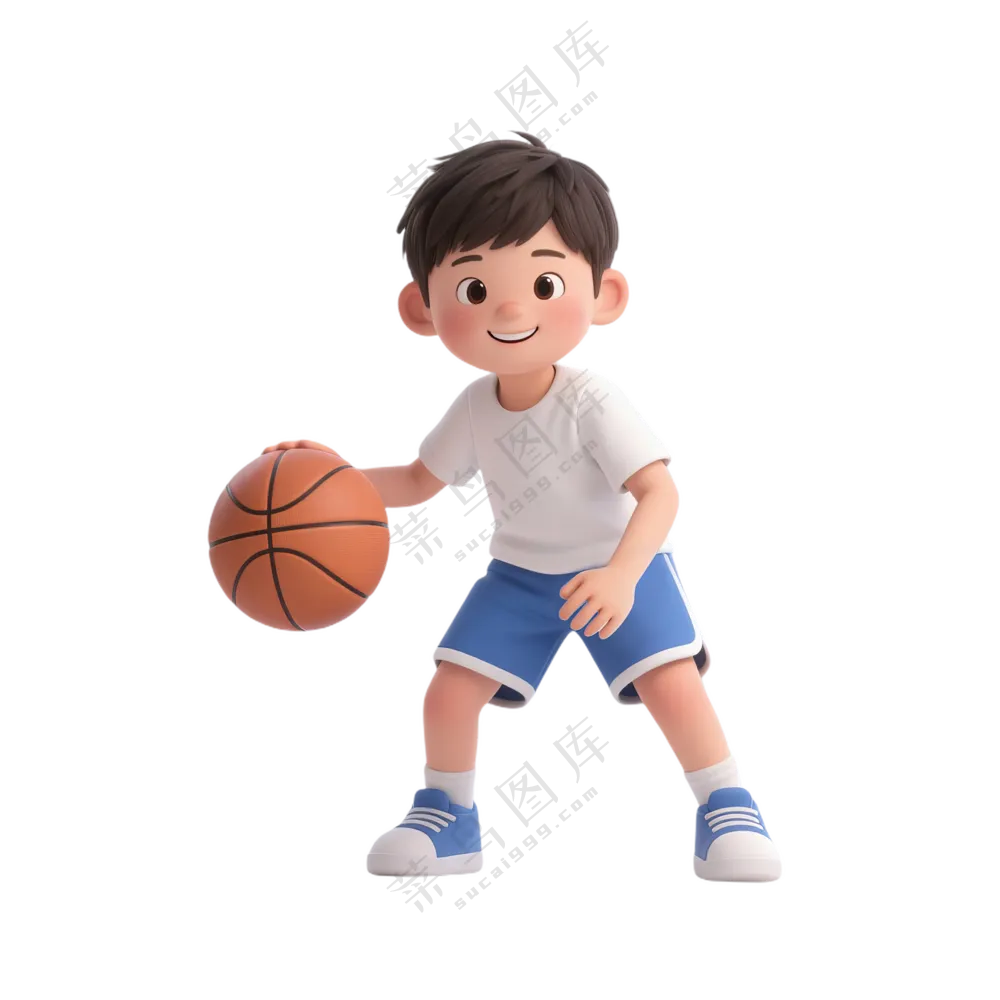蓝+白色纯净3D风格打篮球的男孩免抠PNG素材