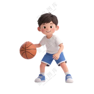 蓝+白色纯净3D风格打篮球的男孩免抠PNG素材