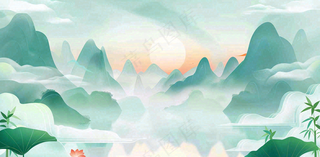 中国风插画山水竹叶青色插画清新淡雅端午节插画背景
