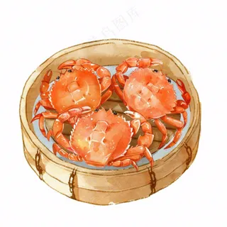 大闸蟹笼屉美食插画免抠