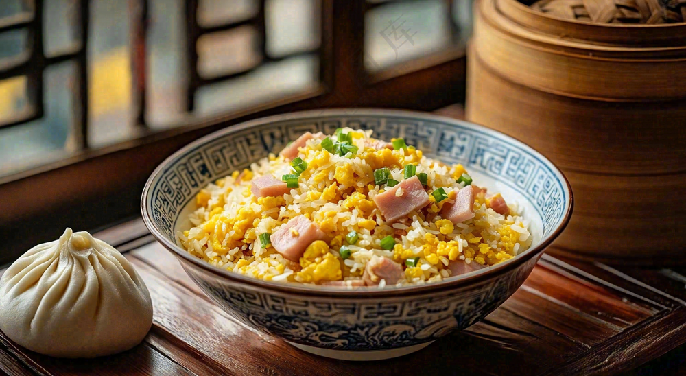 火腿肉丁炒饭鸡蛋美食主食摄影图
