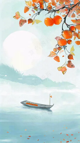 中国风山水画柿子树船只霜降插画背景