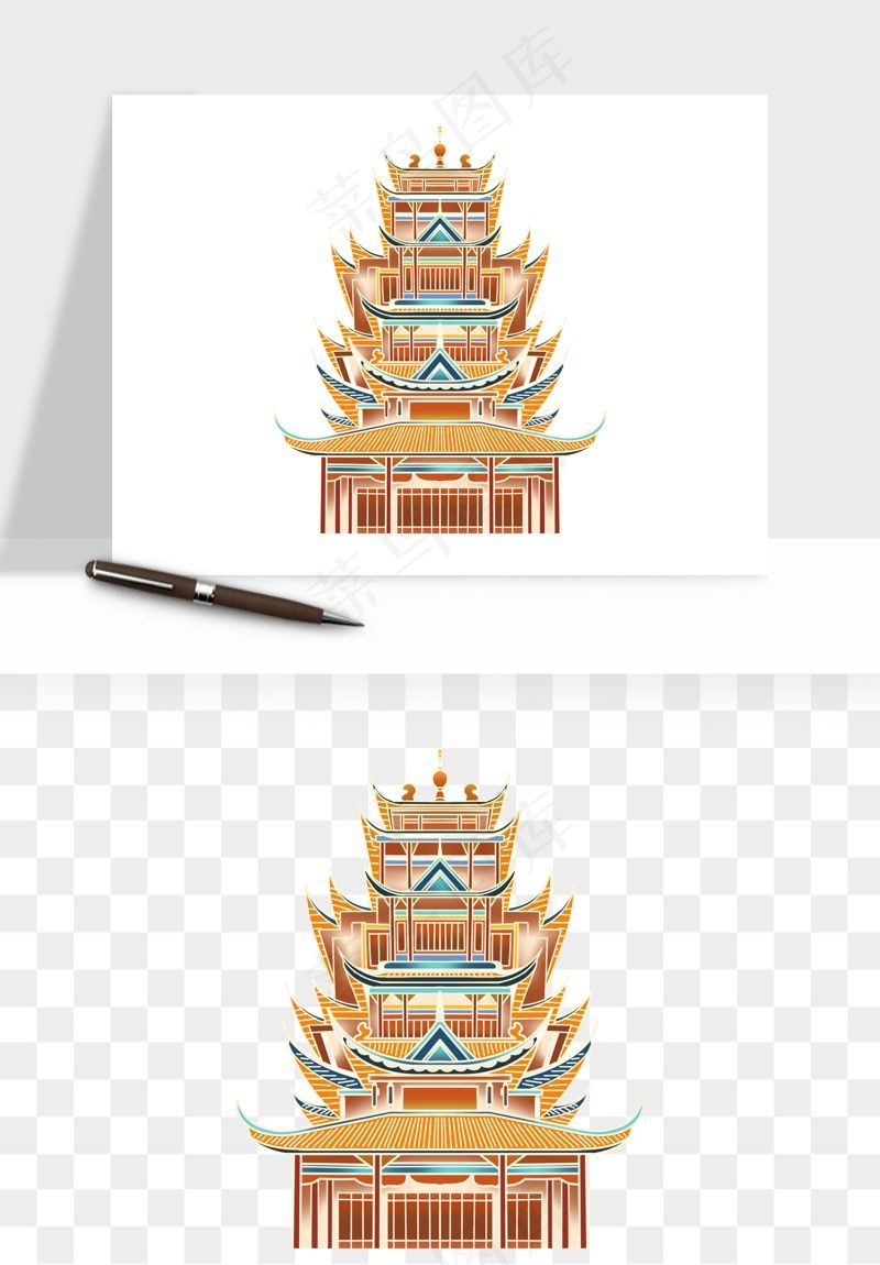 国潮风古建筑古楼古塔鼓楼psd,png免抠图